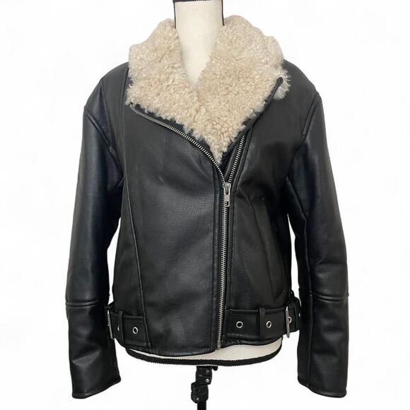 H&M Black Faux Leather Teddy Jacket Cream Shearling Lined Faux Fur Trim Sz Small - Picture 1 of 8